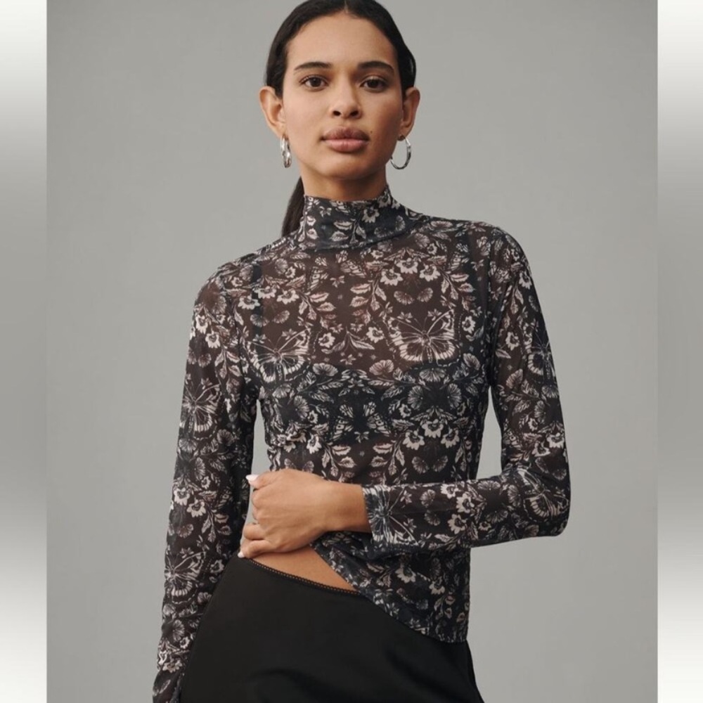 Anthropologie Sheer Floral Butterfly Top